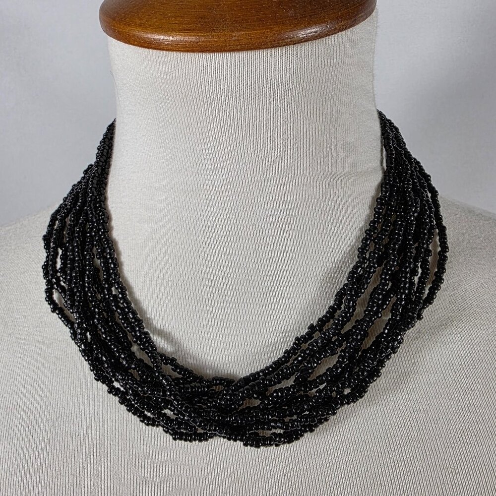 Vintage Signed Trifari Multi-Strand Black Glass Seed Bead Necklace